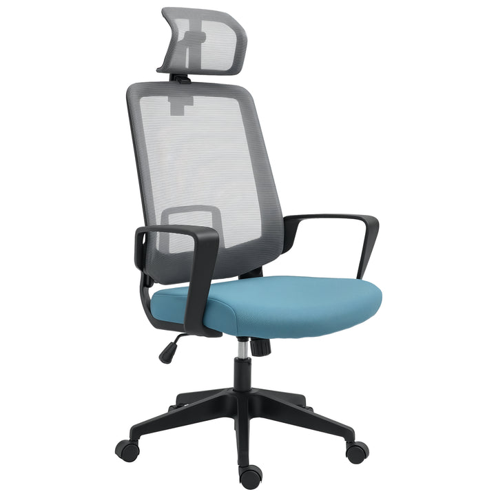 Cadeira de Escritório Ergonômica Giratória com Altura Ajustável Apoio para a Cabeça Apoio para os Braços e Suporte Lombar Reguláveis 63,5x63x116,5-125,5cm Azul e Cinza