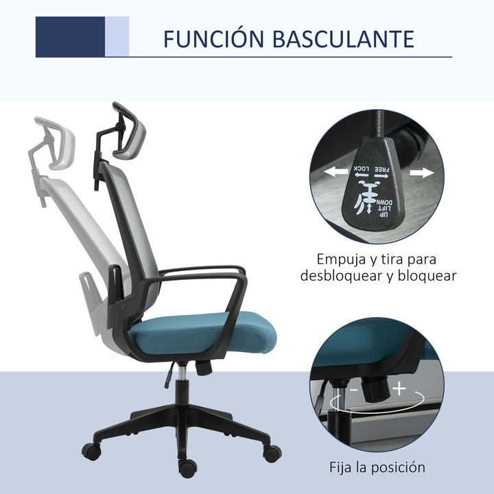 Cadeira de Escritório Ergonômica Giratória com Altura Ajustável Apoio para a Cabeça Apoio para os Braços e Suporte Lombar Reguláveis 63,5x63x116,5-125,5cm Azul e Cinza