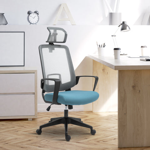 Cadeira de Escritório Ergonômica Giratória com Altura Ajustável Apoio para a Cabeça Apoio para os Braços e Suporte Lombar Reguláveis 63,5x63x116,5-125,5cm Azul e Cinza