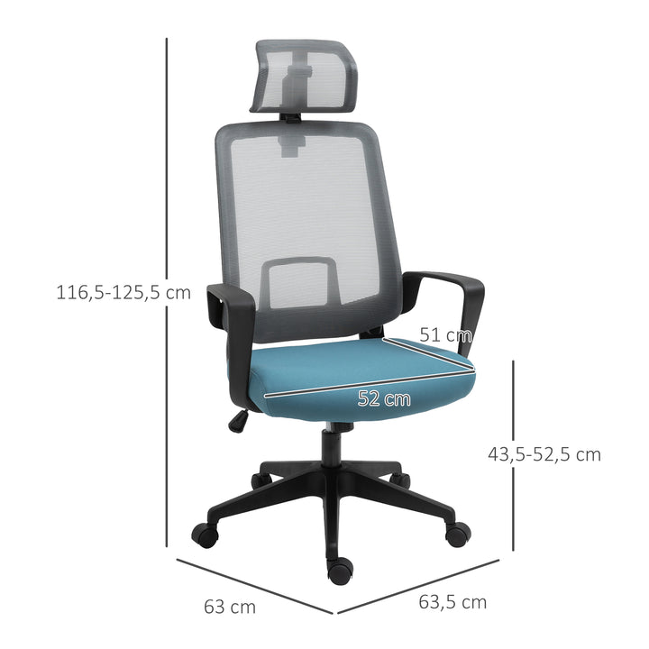 Cadeira de Escritório Ergonômica Giratória com Altura Ajustável Apoio para a Cabeça Apoio para os Braços e Suporte Lombar Reguláveis 63,5x63x116,5-125,5cm Azul e Cinza