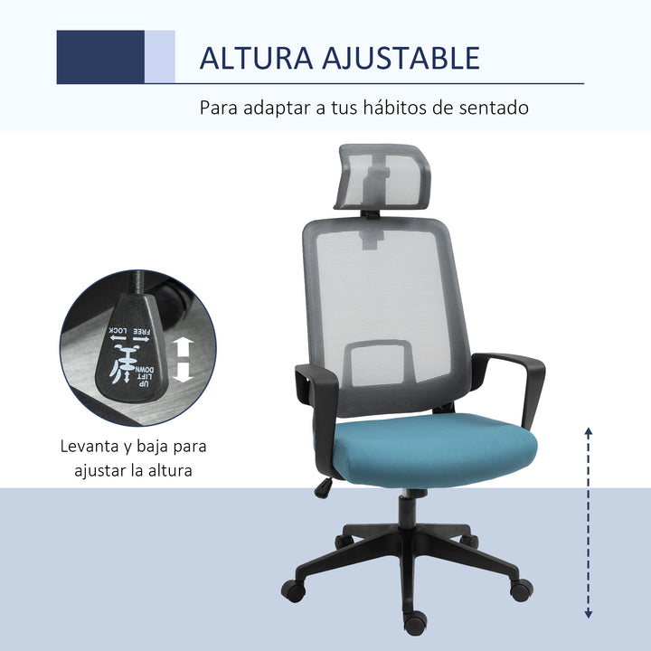 Cadeira de Escritório Ergonômica Giratória com Altura Ajustável Apoio para a Cabeça Apoio para os Braços e Suporte Lombar Reguláveis 63,5x63x116,5-125,5cm Azul e Cinza