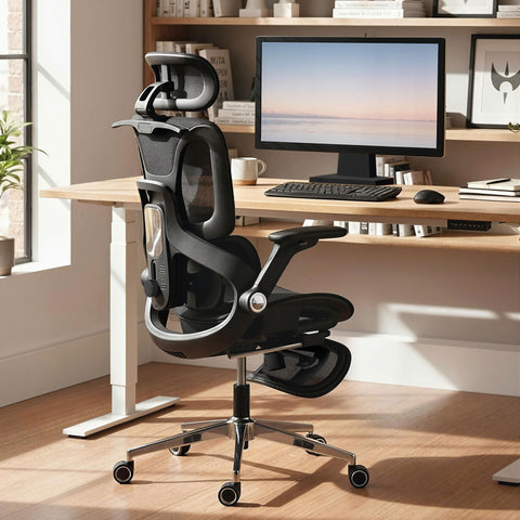 Cadeira de Secretária Ergonómica com Descanso para Pés Cadeira de Escritório Giratória com Encosto Reclinável e Alto Suporte Lombar Rede Transpirável Apoios de Braço 4D e Encosto de Cabeça Ajustável Rodas