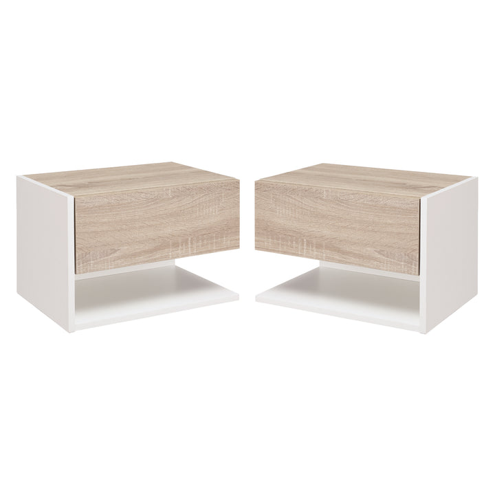 Conjunto de 2 mesinhas de cabeceira flutuantes de madeira com 1 gaveta e prateleira aberta Desenho moderno montado na parede 46x30x30 cm Carvalho e branco