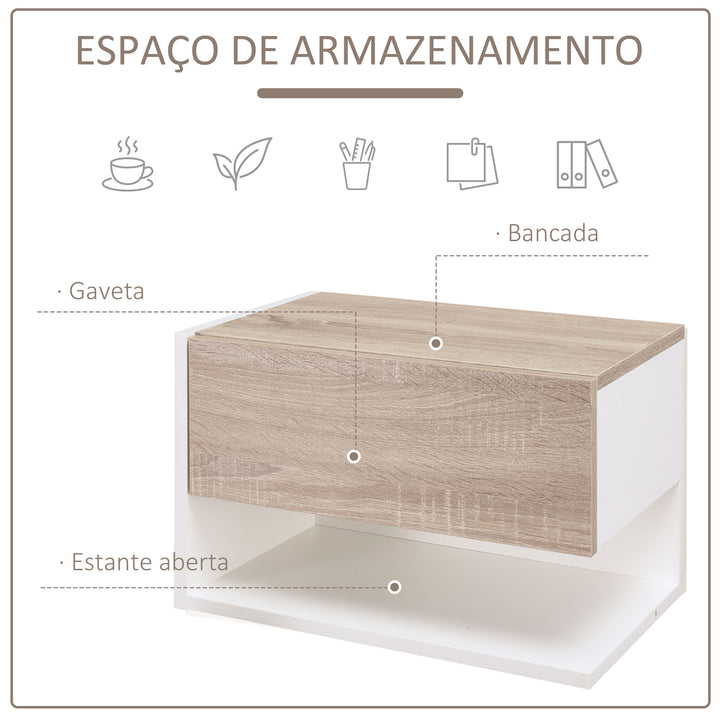 Conjunto de 2 mesinhas de cabeceira flutuantes de madeira com 1 gaveta e prateleira aberta Desenho moderno montado na parede 46x30x30 cm Carvalho e branco