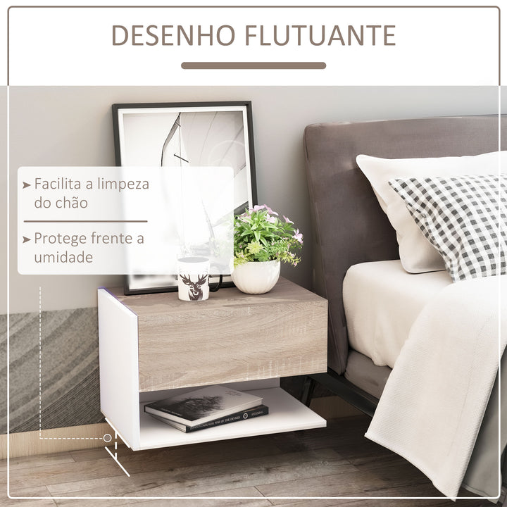 Conjunto de 2 mesinhas de cabeceira flutuantes de madeira com 1 gaveta e prateleira aberta Desenho moderno montado na parede 46x30x30 cm Carvalho e branco