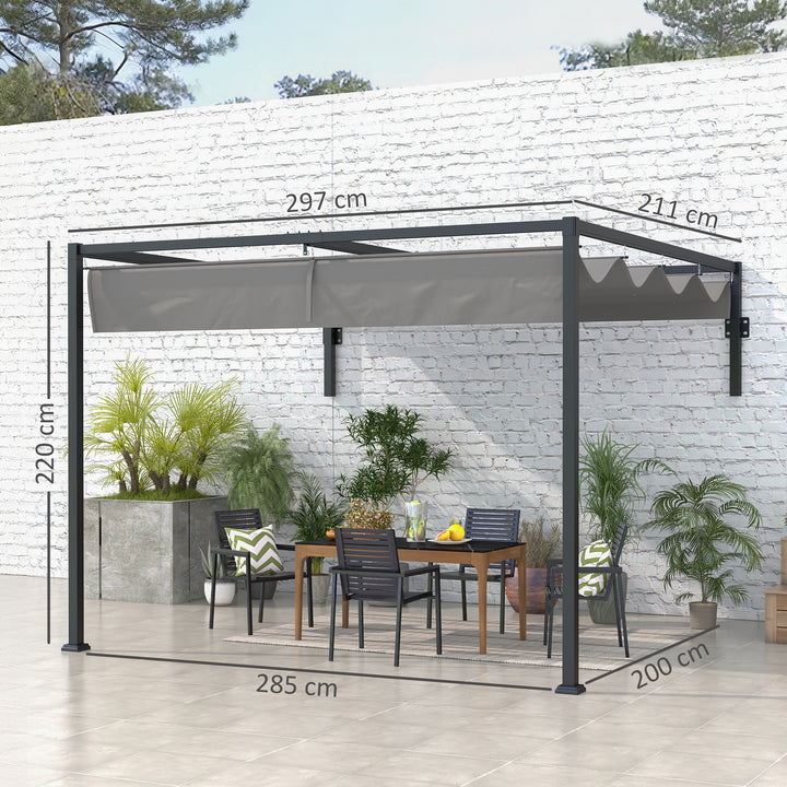 Pérgola de Parede 297x211x220 cm Pérgola de Jardim com Teto Retrátil e Estrutura de Aço Pérgola para Pátio Exterior Cinza Escuro