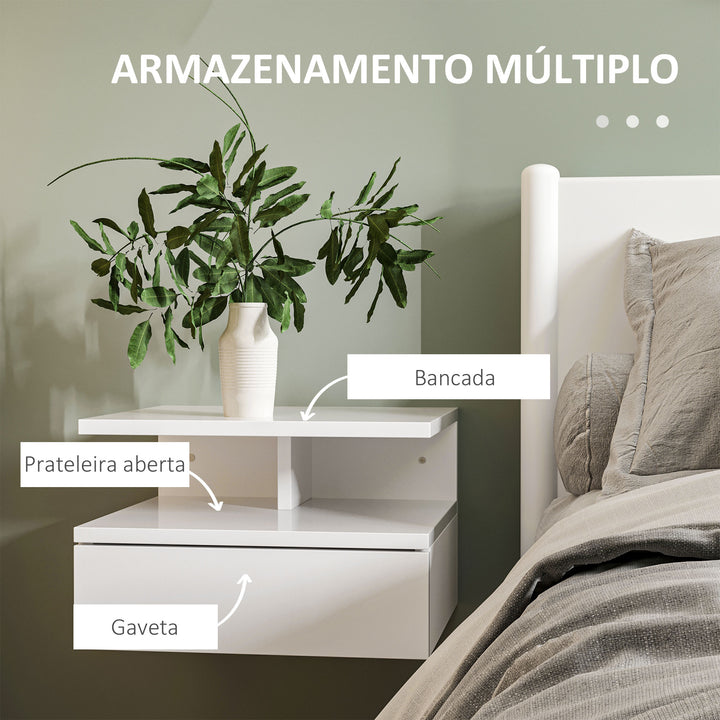 Conjunto de 2 Mesas de Cabeceira Flutuante com 1 Gaveta e Prateleira Aberta com Desenho Moderno Montado na Parede 35x32x22,5 cm Branco