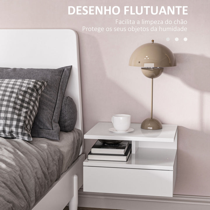 Conjunto de 2 Mesas de Cabeceira Flutuante com 1 Gaveta e Prateleira Aberta com Desenho Moderno Montado na Parede 35x32x22,5 cm Branco