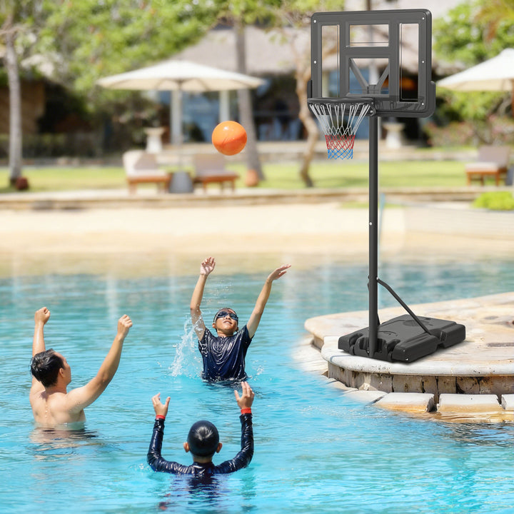 Tabela de Basquetebol de Exterior 2 em 1 com Altura Ajustável 230-305 cm Cesta de Basquetebol para Piscina com Suporte Tabela de Basquetebol com Rodas Base Preenchível 110x75x195-370 cm Preto