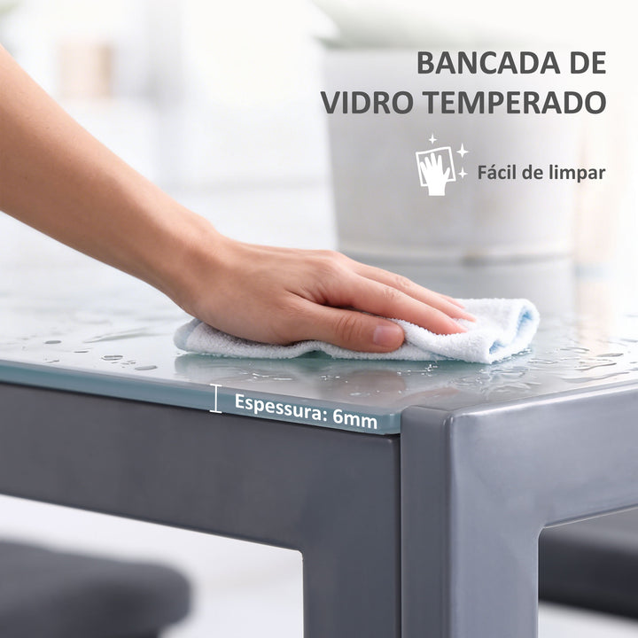 Mesa de Sala de Jantar de Cristal Mesa de Cozinha Quadrada para 4 Pessoas com Pés de Metal 75x75x75cm Cinza
