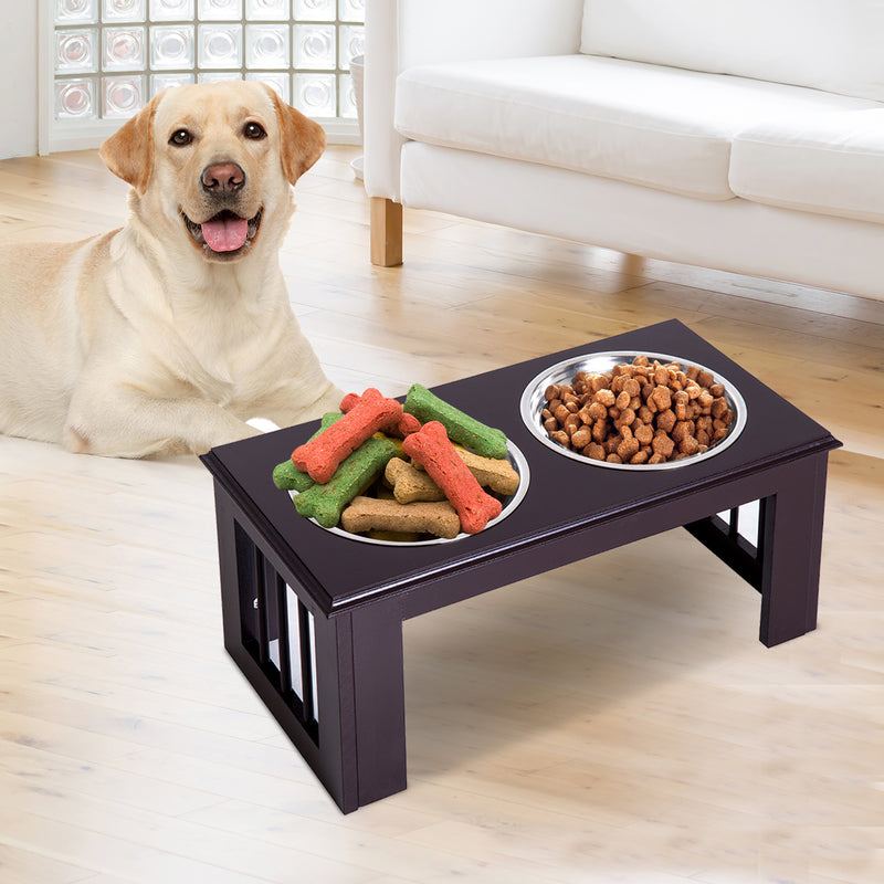 Comedouro Elevado para Cães com Suporte e 2 Tigelas Amovíveis de Aço Inoxidável Alimentador para Animais de Estimação 58,4x30,5x25,4 cm Marrom