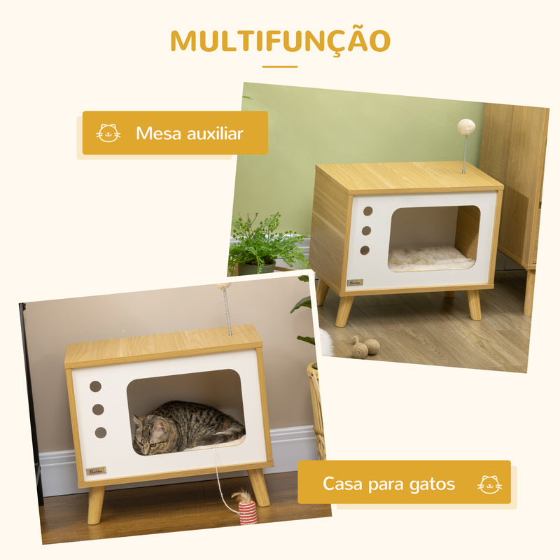 Mesa Auxiliar Cama Caverna para Gatos com Estilo Televisor Casa para Gatos com Almofada Suave Lavável Bola e Pés Elevados 50x28x43cm Carvalho