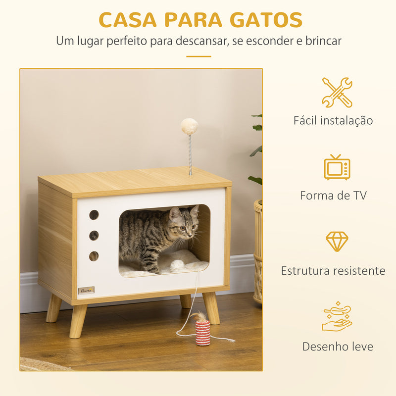 Mesa Auxiliar Cama Caverna para Gatos com Estilo Televisor Casa para Gatos com Almofada Suave Lavável Bola e Pés Elevados 50x28x43cm Carvalho