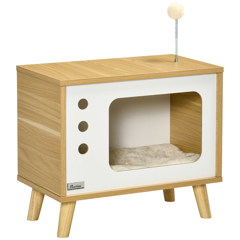 Mesa Auxiliar Cama Caverna para Gatos com Estilo Televisor Casa para Gatos com Almofada Suave Lavável Bola e Pés Elevados 50x28x43cm Carvalho