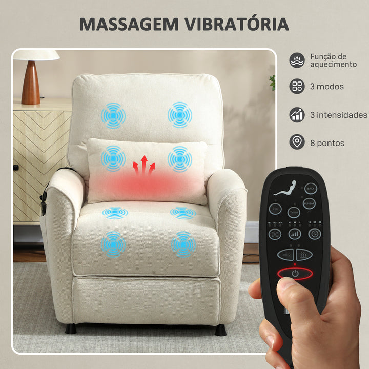 Poltrona de Massagem Relax com Aquecimento Lombar e Massagem por Vibração Poltrona Reclinável Elétrica Motor Silencioso Função de Memória Bolsos Laterais Controle Remoto 88x93x102 cm Creme