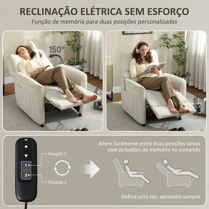 Poltrona de Massagem Relax com Aquecimento Lombar e Massagem por Vibração Poltrona Reclinável Elétrica Motor Silencioso Função de Memória Bolsos Laterais Controle Remoto 88x93x102 cm Creme