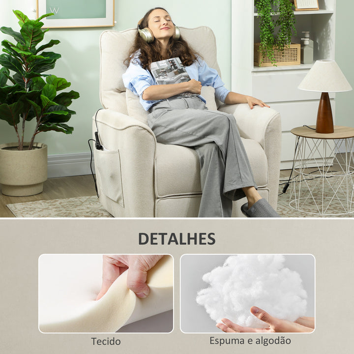 Poltrona de Massagem Relax com Aquecimento Lombar e Massagem por Vibração Poltrona Reclinável Elétrica Motor Silencioso Função de Memória Bolsos Laterais Controle Remoto 88x93x102 cm Creme