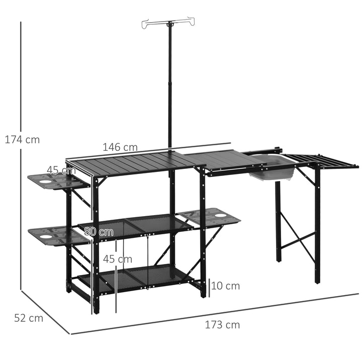 Mesa de Campismo de 3 Níveis Mesa de Campismo Dobrável Portátil com Prateleiras de Armazenamento Lava-Louça Suporte para Candeeiro e Bolsa de Transporte para Exterior 173x52x80-174 cm Preto