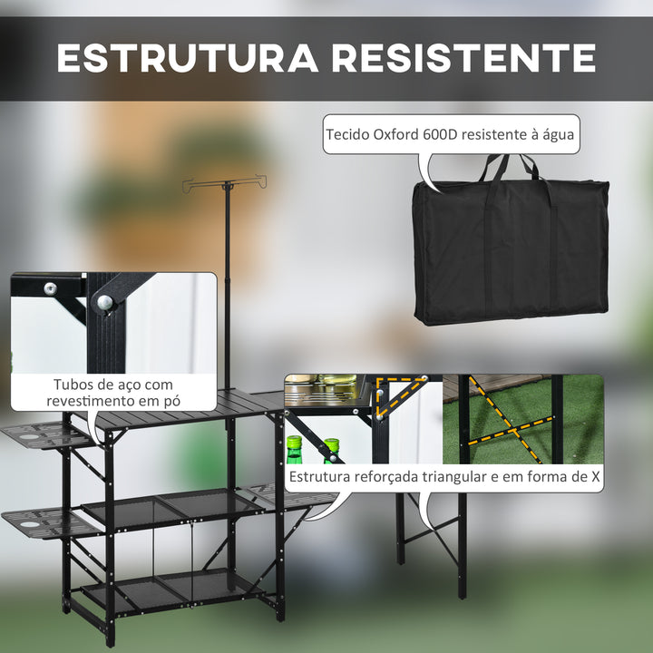Mesa de Campismo de 3 Níveis Mesa de Campismo Dobrável Portátil com Prateleiras de Armazenamento Lava-Louça Suporte para Candeeiro e Bolsa de Transporte para Exterior 173x52x80-174 cm Preto