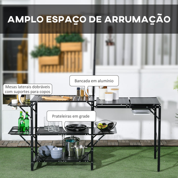 Mesa de Campismo de 3 Níveis Mesa de Campismo Dobrável Portátil com Prateleiras de Armazenamento Lava-Louça Suporte para Candeeiro e Bolsa de Transporte para Exterior 173x52x80-174 cm Preto