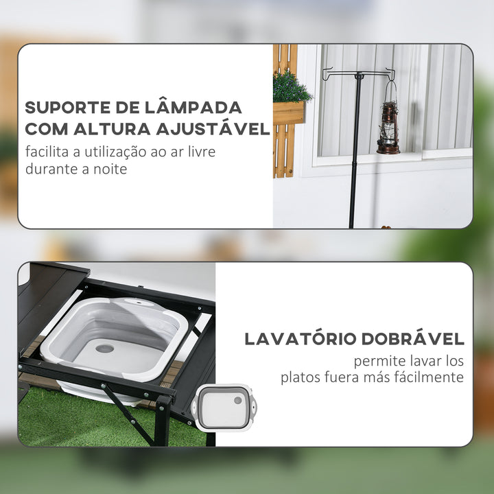Mesa de Campismo de 3 Níveis Mesa de Campismo Dobrável Portátil com Prateleiras de Armazenamento Lava-Louça Suporte para Candeeiro e Bolsa de Transporte para Exterior 173x52x80-174 cm Preto