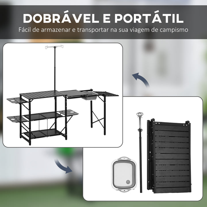 Mesa de Campismo de 3 Níveis Mesa de Campismo Dobrável Portátil com Prateleiras de Armazenamento Lava-Louça Suporte para Candeeiro e Bolsa de Transporte para Exterior 173x52x80-174 cm Preto