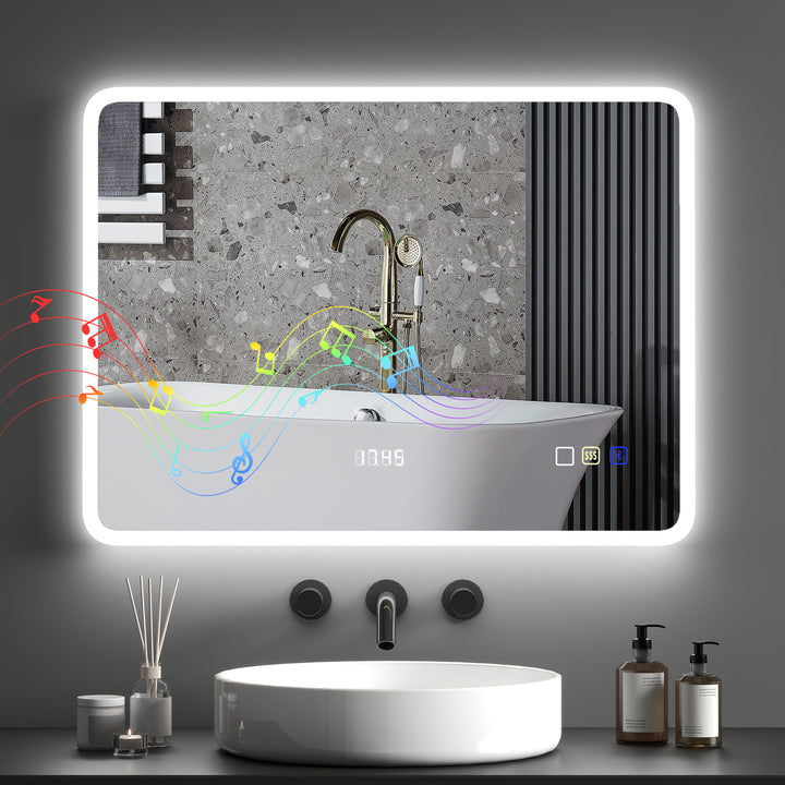 Espelho de Casa de Banho com Luz LED 80x60 cm Espelho de Parede com Bluetooth 3 Cores de Luz Relógio Digital Função Antiembaciamento Função de Memória Interruptor Tátil IP44 Prata