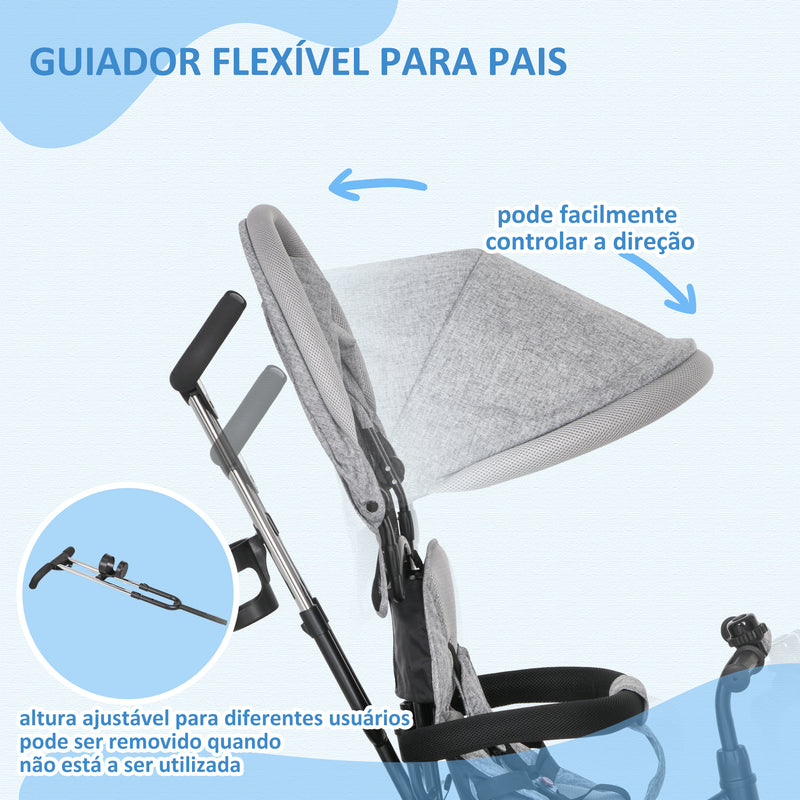 Triciclo para Bebés 2 em 1 Triciclo Evolutivo para Crianças de +12 Meses com Toldo Dobrável Guiador Telescópico e Removível Cinto de Segurança e Cesto 95x50x106 cm Cinza