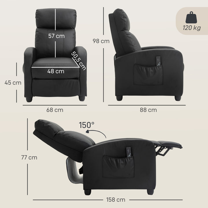 Poltrona de Massagem Poltrona Relax Reclinável com 2 Zonas de Massagem 8 Programas 5 Níveis de Intensidade e Controlo Remoto Estofada em PU 68x88x98 cm Preto