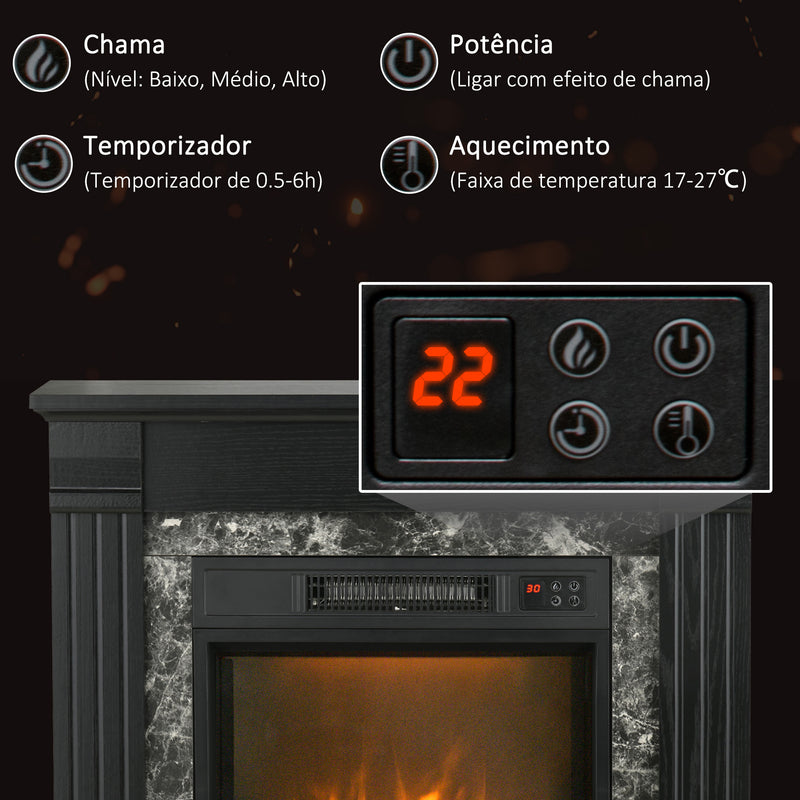 Lareira Elétrica 1800W Lareira com Efeito de Chama Realista Controlo Remoto Temporizador e Proteção Contra Superaquecimento para Ambientes de 30 m² 80x21,6x67,8 cm Preto