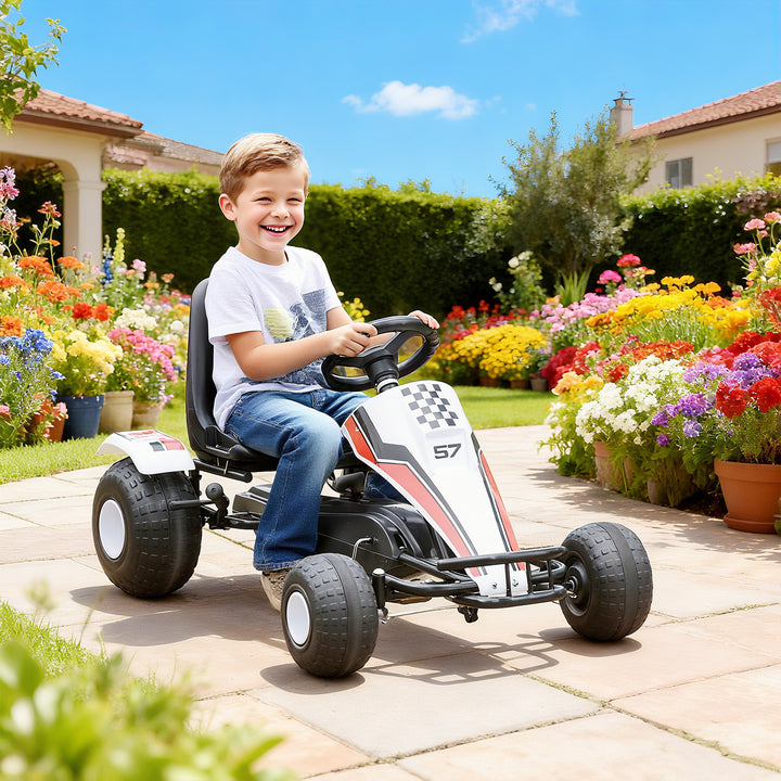Go Kart a Pedais para Crianças acima de 3 Anos Carro de Pedais Infantil com Assento Ajustável e Freio de Mão 104x66x57cm Branco e Preto