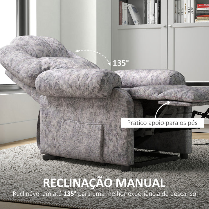 Poltrona Relax Reclinável Poltrona para Sala de Estar com Apoio para os Pés Retrátil Encosto Alto Bolso Lateral Acolchoado Grosso 88x91x108 cm Cinzento