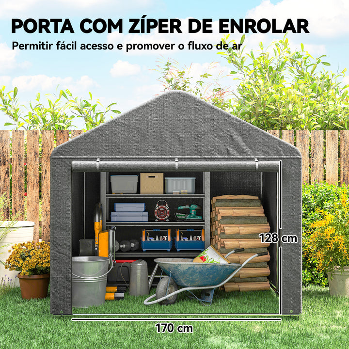 Tenda de Jardim Exterior para Ferramentas e Bicicletas 2,4x2x2 m Abrigo Exterior com Estrutura de Metal Galvanizado Porta Enrolável com Fecho Impermeável UV30+ Garagem Portátil Cinzento