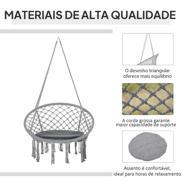 Cadeira suspensa redonda Ø60 cm Cadeira de rede de balanço com almofada e corda de algodão para interior e exterior 80x80x42 cm Cinza