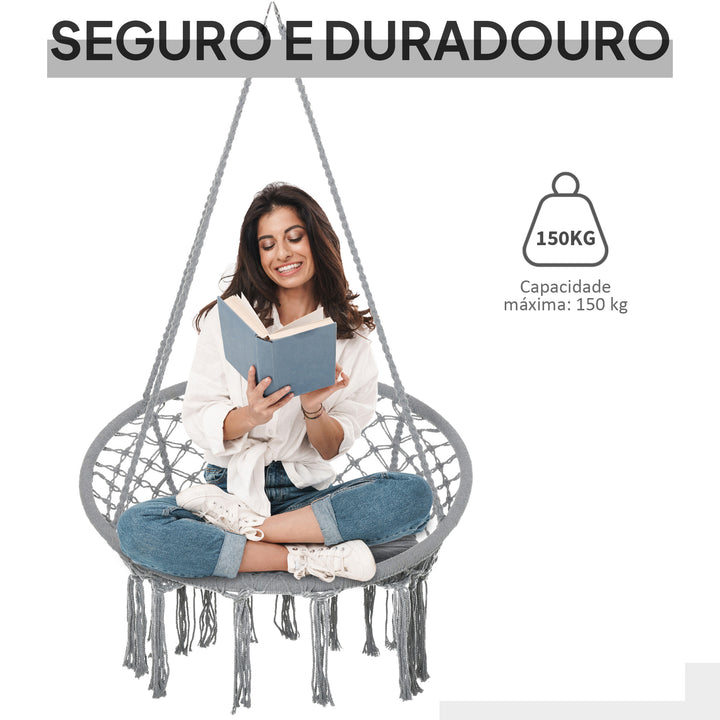 Cadeira suspensa redonda Ø60 cm Cadeira de rede de balanço com almofada e corda de algodão para interior e exterior 80x80x42 cm Cinza