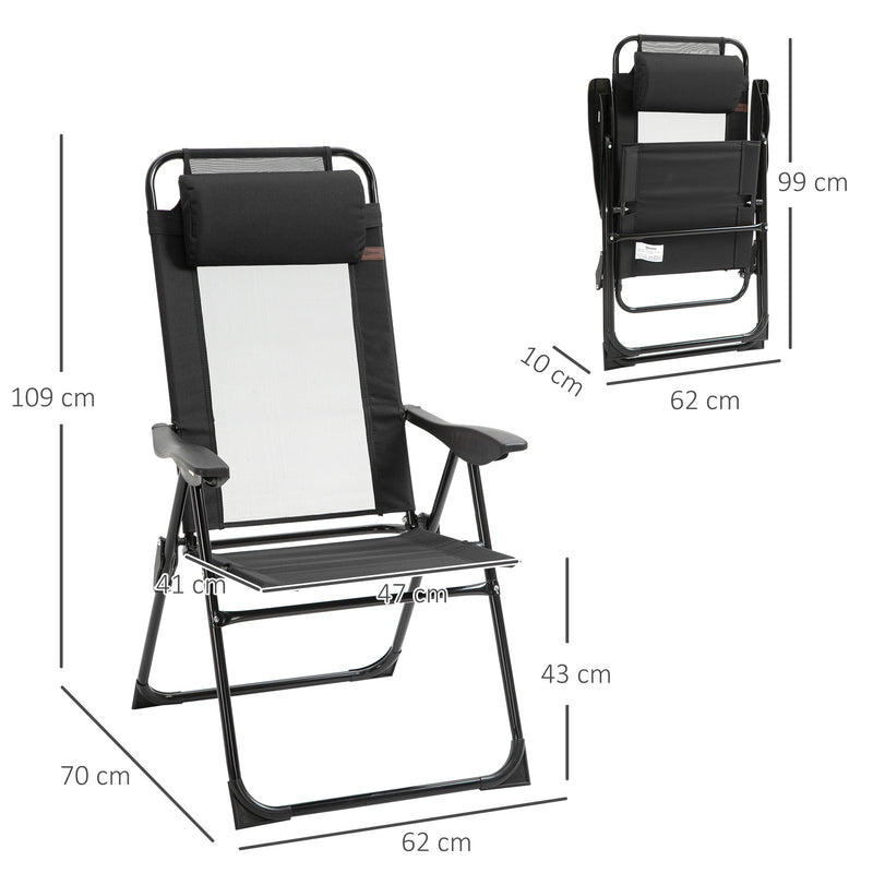 2 Piece Folding Patio Chairs Set, Camping Chair Set of 2 with Adjustable Sling Back, Removable Headrest, Armrest for Garden, Backyard, Lawn, Black