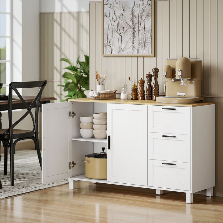 Aparador com 2 Portas Moderno para Sala de Estar com 3 Gavetas Prateleira Ajustável e Pernas de Madeira para Sala de Jantar Entrada, Quarto 120x38x76 cm Branco