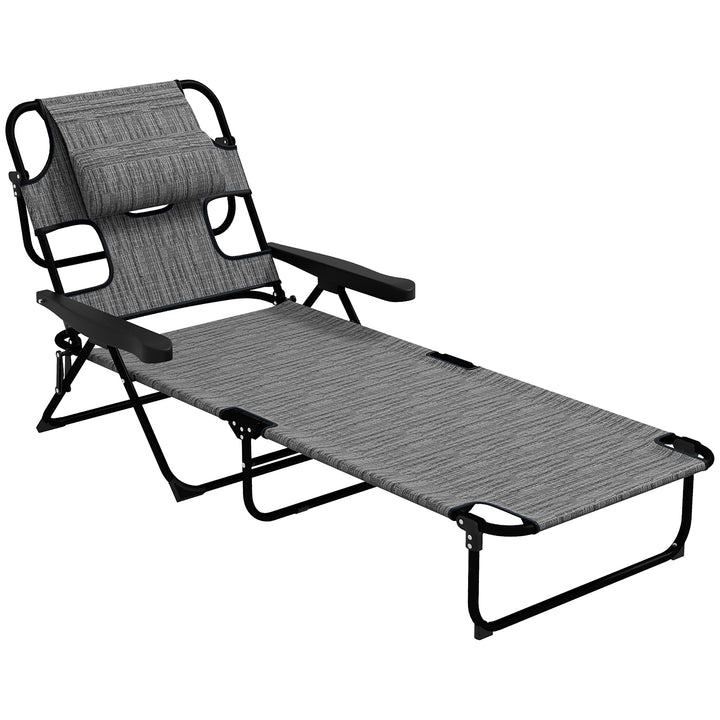 Espreguiçadeira Dobrável Espreguiçadeira de Jardim com Encosto Ajustável em 4 Níveis Orifício de Leitura e Almofada de Apoio à Cabeça para Terraço Piscina 194x72x31 cm Cinza