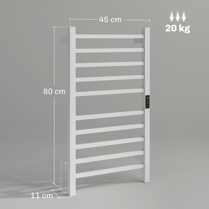 Toallero Elétrico de Parede 110W Toalheiro Elétrico com Controlo WIFI Ecrã Tátil Temporizador 10 Barras Temperatura Ajustável Baixo Consumo IPX4 45x11x80 cm Branco