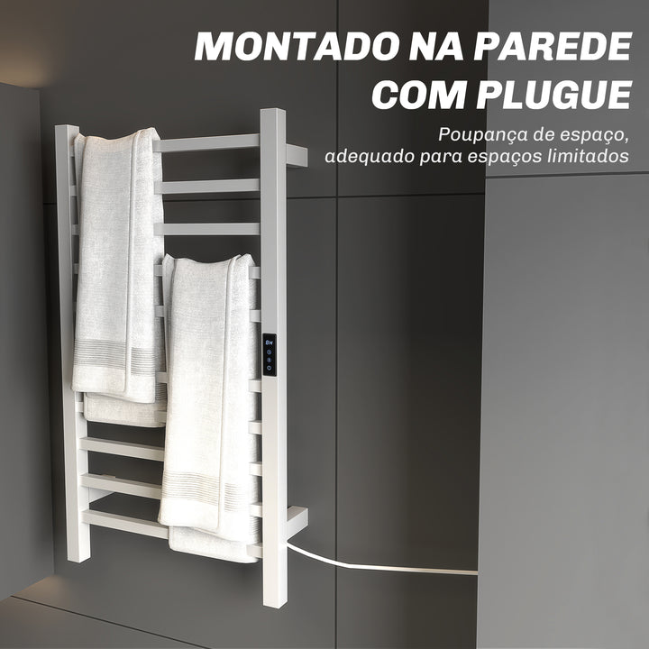Toallero Elétrico de Parede 110W Toalheiro Elétrico com Controlo WIFI Ecrã Tátil Temporizador 10 Barras Temperatura Ajustável Baixo Consumo IPX4 45x11x80 cm Branco