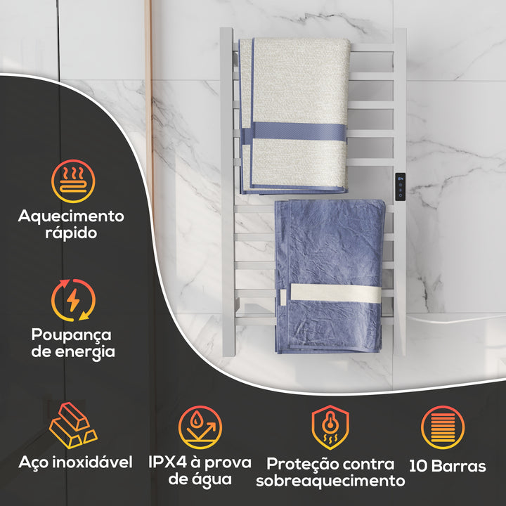 Toallero Elétrico de Parede 110W Toalheiro Elétrico com Controlo WIFI Ecrã Tátil Temporizador 10 Barras Temperatura Ajustável Baixo Consumo IPX4 45x11x80 cm Branco