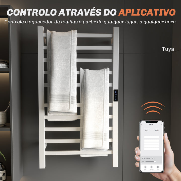 Toallero Elétrico de Parede 110W Toalheiro Elétrico com Controlo WIFI Ecrã Tátil Temporizador 10 Barras Temperatura Ajustável Baixo Consumo IPX4 45x11x80 cm Branco