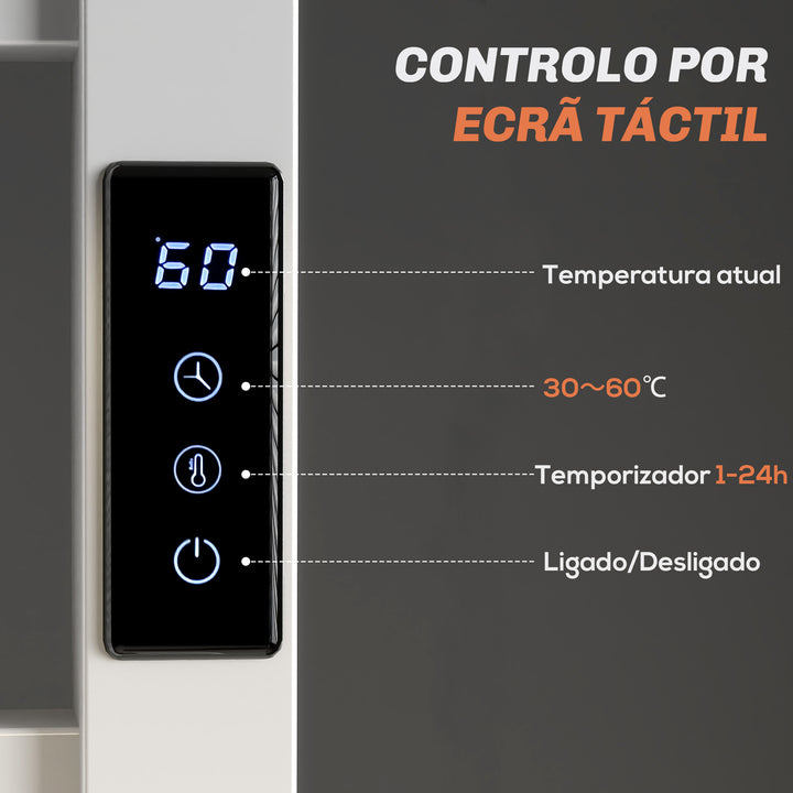 Toallero Elétrico de Parede 110W Toalheiro Elétrico com Controlo WIFI Ecrã Tátil Temporizador 10 Barras Temperatura Ajustável Baixo Consumo IPX4 45x11x80 cm Branco