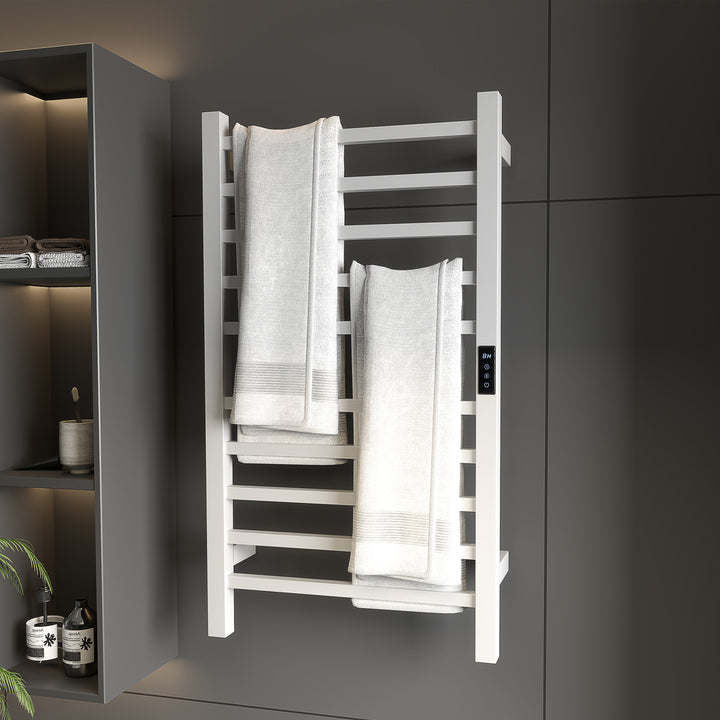 Toallero Elétrico de Parede 110W Toalheiro Elétrico com Controlo WIFI Ecrã Tátil Temporizador 10 Barras Temperatura Ajustável Baixo Consumo IPX4 45x11x80 cm Branco