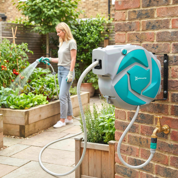Enrolador de Mangueira para Jardim 10+1 m com Bico de 7 Funções, Enrolador de Mangueira de Parede Giratório 180°, com Enrolamento Automático, Cinzento Claro e Verde