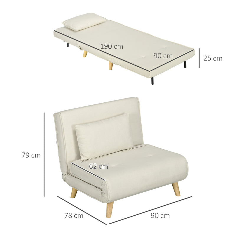 Poltrona 2 em 1 Sofá Cama Individual Dobrável com Encosto Ajustável e Almofada para Sala de Estar Dormitório Escritório Carga 125 kg 90x78x79 cm Bege