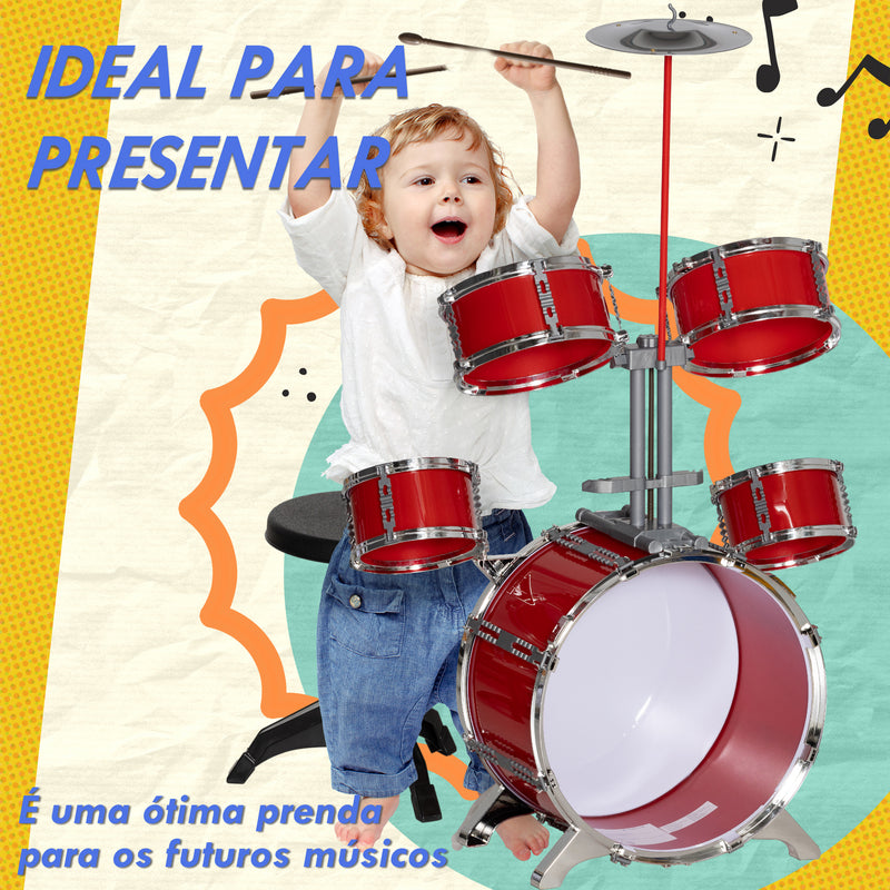 Bateria Infantil com Banco Bateria para Crianças Acima de 3 Anos com Tambores Prato Pedas e Baquetas 68,5x37x84 cm Vermelho