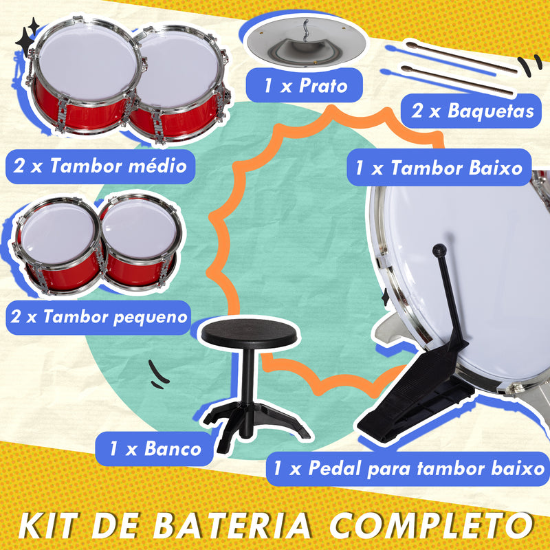 Bateria Infantil com Banco Bateria para Crianças Acima de 3 Anos com Tambores Prato Pedas e Baquetas 68,5x37x84 cm Vermelho