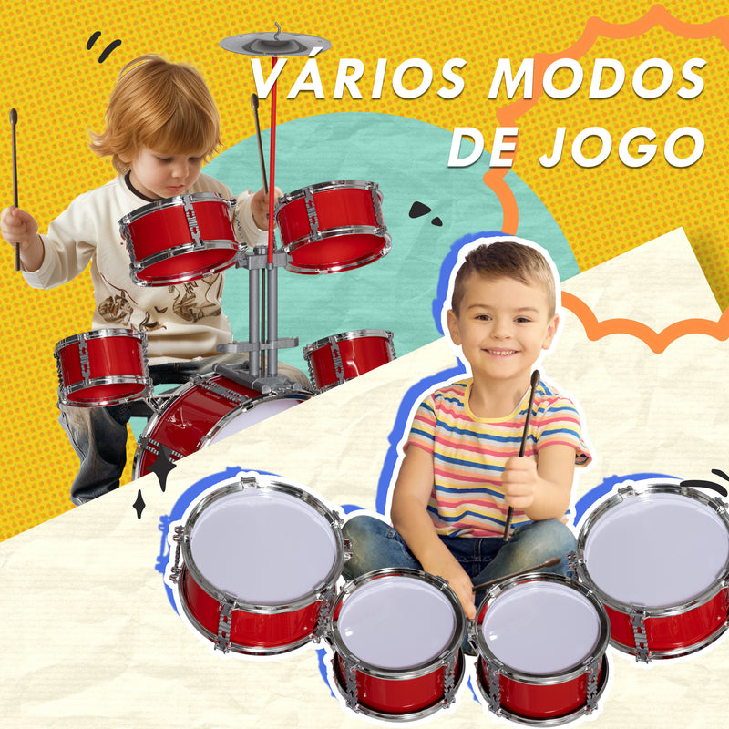 Bateria Infantil com Banco Bateria para Crianças Acima de 3 Anos com Tambores Prato Pedas e Baquetas 68,5x37x84 cm Vermelho