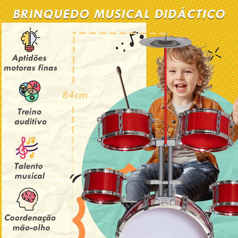 Bateria Infantil com Banco Bateria para Crianças Acima de 3 Anos com Tambores Prato Pedas e Baquetas 68,5x37x84 cm Vermelho